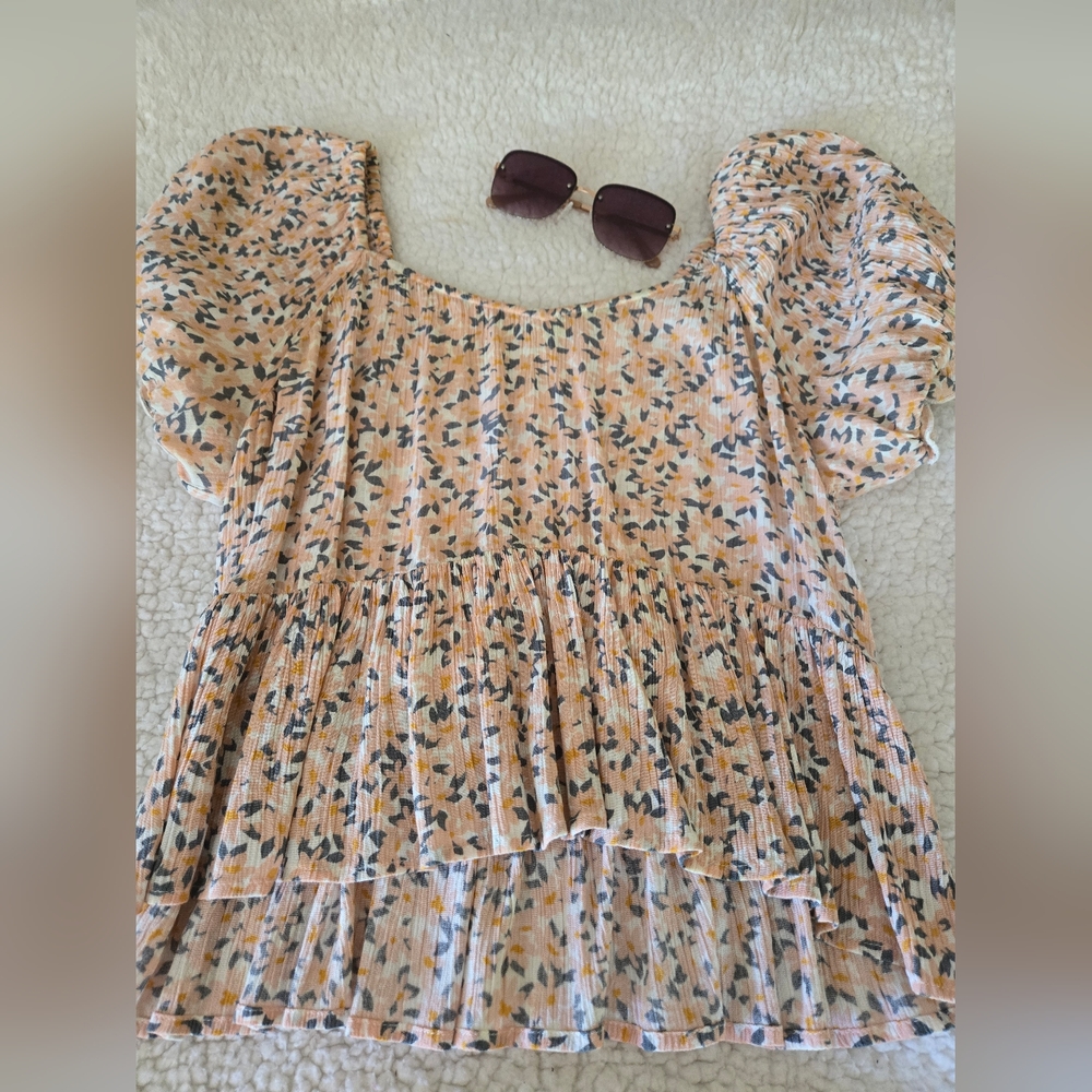 Patrons of Peace Peach Pink Floral Puff Sleeve Blouse M